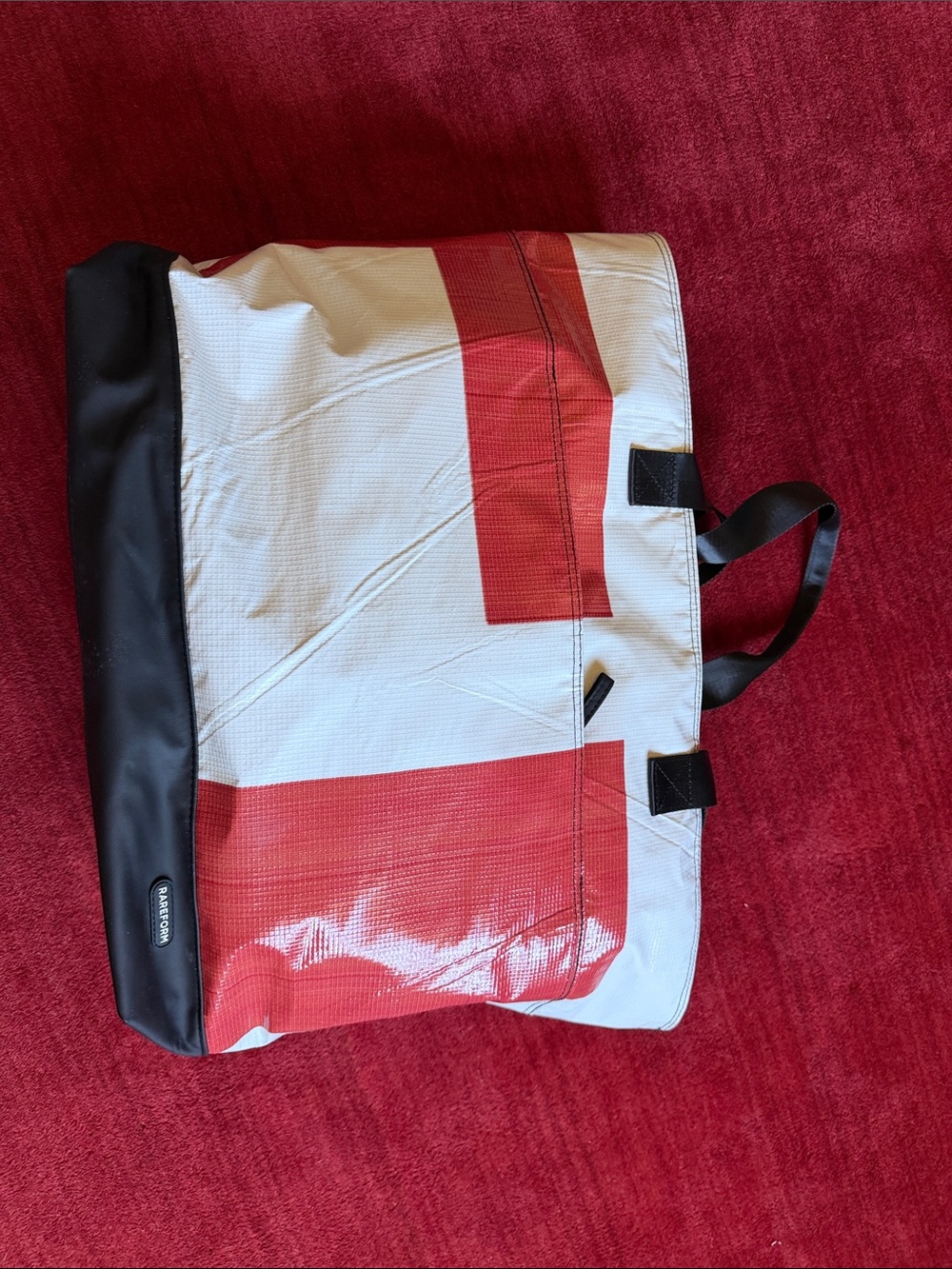 Rareform Travel Tote Bag in Red, White & Black. Made from Recycled Billboards.